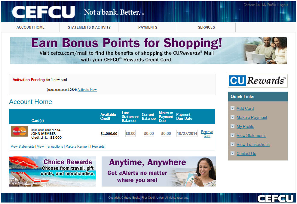 Screen shot of Credit Card Account Home page
